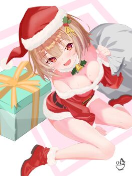 1girl :d bare_legs bare_shoulders bell belt between_legs black_belt blush boots box breasts brown_hair christmas cleavage dress from_above fur-trimmed_boots fur-trimmed_dress fur-trimmed_headwear fur_collar fur_trim gift gift_box green_ribbon hair_between_eyes hair_ornament hand_between_legs hashtag-only_commentary hat heart heart-shaped_pupils heaven_burns_red highres holding holding_sack large_breasts long_sleeves looking_at_viewer medium_breasts neck_bell off-shoulder_dress off_shoulder ooshima_muua open_mouth oyakodon451 red_dress red_eyes ribbon sack santa_costume santa_dress short_dress short_hair sitting smile solo strapless strapless_dress sweat symbol-shaped_pupils virtual_youtuber wariza