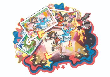 1girl :d ;d absurdres alolan_diglett alolan_form arm_behind_head artist_request bag berry_(pokemon) black-framed_eyewear blush blush_stickers bow braid brionne camera camera_flash colored_sclera commentary dartrix drifloon english_commentary facial_hair fangs flower gen_3_pokemon gen_4_pokemon gen_6_pokemon gen_7_pokemon glasses green_footwear grey_eyes grey_hair hat hat_flower highres hug jumping long_hair luvdisc multiple_views mustache nintendo official_art one_eye_closed open_mouth orange_shirt outline outstretched_arm party_hat photo_(object) pink_bow pink_flower poke_bean poke_puff pokemon pokemon_(creature) pokemon_usum red_flower rotom rotom_dex second-party_source selene_(pokemon) shirt shoulder_bag simple_background sitrus_berry sleeveless sleeveless_shirt smile sparkle spotlight standing standing_on_one_leg star_(symbol) starter_pokemon_trio sticker straw_hat swirlix teeth torracat twin_braids upper_teeth_only white_background white_flower white_outline yellow_bag yellow_flower yellow_sclera