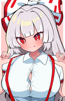 1girl absurdres alternate_breast_size_(larger) blunt_bangs border bow breasts bright_pupils buttons closed_mouth collared_shirt commentary_request eyelashes fujiwara_no_mokou grey_hair hair_bow hands_up highres kukurukurukuru large_bow large_breasts long_hair looking_at_viewer nail_polish outside_border pink_background puffy_short_sleeves puffy_sleeves red_eyes red_nails shirt short_sleeves simple_background smile solo suspenders tongue tongue_out touhou upper_body white_border white_bow white_pupils white_shirt