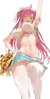 1girl :d ahoge areola_slip arm_up armpits blue_eyes bouncing_breasts breasts cheerleader groin hand_on_own_hip highres hiiragi_yuuichi large_breasts long_hair looking_at_viewer miniskirt navel one_eye_closed open_mouth original panties pink_hair pleated_skirt pom_pom_(cheerleading) skirt smile solo soshie_(hiiragi_yuuichi) standing standing_on_one_leg striped_clothes striped_panties thighhighs tsurime underboob underwear white_thighhighs wide_hips wrist_cuffs zettai_ryouiki