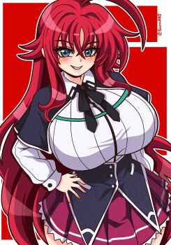 1girl ahoge black_bow black_bowtie black_capelet blue_eyes blush bow bowtie breasts buttons capelet collared_shirt crossed_bangs female_focus hand_on_own_hip high_school_dxd highres kuoh_academy_school_uniform large_breasts long_hair long_sleeves looking_at_viewer mole mole_under_eye nail_polish narrow_waist necktie red_hair red_nails red_skirt rias_gremory school_uniform seireiart shirt sidelocks skirt smile solo thick_thighs thighs white_shirt wide_hips wrist_cuffs