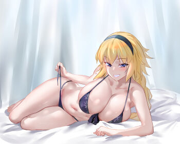 1girl absurdres bikini bikini_pull black_bikini blonde_hair blue_eyes blush braid breasts cleavage clothes_pull das_(dan_dan) fate/grand_order fate_(series) headband highres jeanne_d'arc_(fate) jeanne_d'arc_(swimsuit_archer)_(first_ascension)_(fate) large_breasts long_hair looking_at_viewer lying navel on_bed on_side smile solo swimsuit