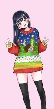 Rule 34 | 1girl, black hair, boku no kokoro no yabai yatsu, brown eyes, christmas, christmas sweater, double v, feet out of frame, food, food on face, head tilt, highres, long hair, long sleeves, naked sweater, open mouth, oversized clothes, pink background, popcorn, sakurai norio, sleeves past wrists, smile, solo, sweater, tagme, thighhighs, v, yamada anna