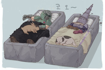 2boys armor bed bed_sheet blasphemous breastplate cape daisy_(doom) dog doom:_the_dark_ages doom_(series) doomguy fur_cape gloves green_armor harakim19 helmet highres mask multiple_boys pauldrons penitent_one pillow rabbit shoulder_armor sleeping spikes thorns