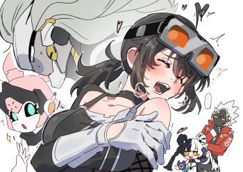 2boys 3girls absurdres banyue_(zenless_zone_zero) billy_kid black_hair closed_eyes dialyn_(zenless_zone_zero) drooling erisaki_shimatsu gloves grace_howard highres moaning multiple_boys multiple_girls open_mouth ponytail robot_boy robot_girl saliva simple_background white_hair yutane_johiel zenless_zone_zero