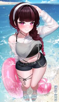 Rule 34 | 1girl, absurdres, ball, beach, beachball, belt, bikini, black belt, black shorts, blue sky, blunt bangs, blush, braid, breasts, brown hair, crop top, day, earrings, full body, gradient hair, hair over shoulder, hairband, highres, innertube, jewelry, jururu, korean commentary, large breasts, long hair, long sleeves, looking at viewer, midriff, multicolored hair, nail polish, navel, ocean, outdoors, parted lips, pink eyes, purple hair, sandals, see-through clothes, see-through shirt, shirt, short shorts, shorts, single braid, sky, smile, solo, standing, swim ring, swimsuit, thigh strap, thighs, toenail polish, toenails, toes, virtual youtuber, waktaverse, water, yeon do e
