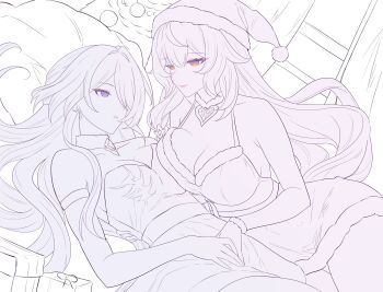 2girls acheron_(honkai:_star_rail) alternate_costume armpit_crease bare_shoulders black_swan_(honkai:_star_rail) breasts cleavage collarbone commentary dress earrings elbow_gloves english_commentary fur-trimmed_dress fur_trim gloves hair_over_one_eye hat highres honkai:_star_rail honkai_(series) jewelry large_breasts lineart long_hair looking_at_another lying medium_breasts monochrome multiple_girls on_back orange_eyes parted_lips purple_eyes samlatte santa_hat smile yuri