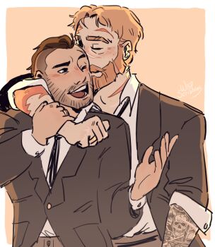 2boys alternate_facial_hair arm_around_neck bara beard beard_stubble black_hair blonde_hair blush call_of_duty call_of_duty:_modern_warfare_2 couple facial_hair formal_clothes ghost_(modern_warfare_2) husband_and_husband male_focus mature_male multiple_boys mustache mustache_stubble no_mask scar scar_on_neck short_hair soap_(modern_warfare_2) stubble suit thick_eyebrows thick_mustache undercut upper_body wispscribbles yaoi