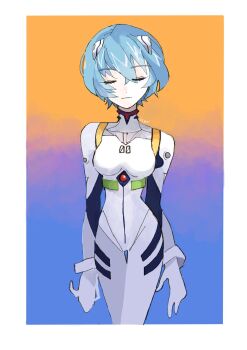 Rule 34 | 1girl, ayanami rei, blue hair, bodysuit, breasts, closed eyes, evangelion: 2.0 you can (not) advance, gradient background, highres, interface headset (evangelion), mecha pilot suit, neon genesis evangelion, plugsuit (evangelion), rebuild of evangelion, short hair, solo, white bodysuit, yasu urayaka