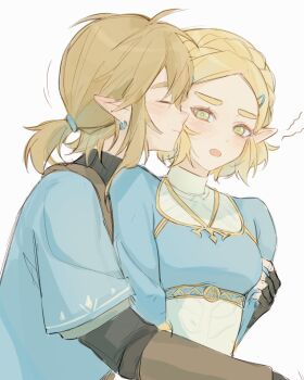 arm_around_back black_gloves black_sweater blonde_hair blue_shirt blue_tunic blush braid breasts ciru093 closed_eyes couple crown_braid earrings fingerless_gloves gloves gold_trim green_eyes hair_ornament hair_tie hairclip hetero highres jewelry link low_ponytail medium_breasts medium_hair nintendo parted_lips pointy_ears ponytail princess_zelda shirt short_hair sidelocks sweater the_legend_of_zelda the_legend_of_zelda:_tears_of_the_kingdom tunic turtleneck turtleneck_sweater upper_body white_background