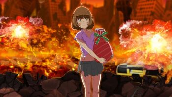 1girl blurry blurry_background blush bra bra_strap breasts brown_eyes brown_hair gift henkei_shoujo legs looking_at_viewer official_art pink_shirt pleated_skirt rin_(henkei_shoujo) school_uniform shirt short_hair skirt solo torn_clothes underwear yellow_bra yellow_eyes