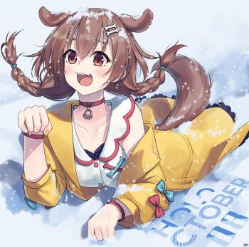 Rule 34 | 1girl, :d, absurdres, animal collar, animal ears, artist name, belt collar, blush, bone hair ornament, braid, braided twintails, breasts, brown eyes, brown hair, buttons, collar, commentary request, dated, dog ears, dog girl, dog tail, double-parted bangs, dress, extra ears, fangs, hair between eyes, hair ornament, hairclip, highres, hololive, inugami korone, inugami korone (1st costume), jacket, large breasts, long hair, looking afar, looking ahead, low twin braids, low twintails, lying, nail polish, on stomach, open clothes, open jacket, open mouth, parallel hairclips, paw pendant, paw pose, raised eyebrows, red collar, signature, single bare shoulder, single off shoulder, sleeveless, sleeveless dress, smile, snow, snowing, solo, tail, traveler (artbbt), twin braids, twintails, virtual youtuber, white dress, yellow jacket, yellow nails