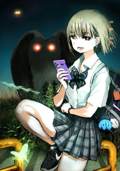 1girl absurdres aircraft bag bag_charm black_bow black_bowtie black_eyes bow bowtie brown_hair bug charm_(object) collared_shirt commentary_request cross cross_earrings cryptid dirigible dress_shirt dusk earrings floating_hair giba_ryan glowing glowing_eyes grey_skirt gyaru highres insect jewelry knee_up looking_at_viewer miniskirt moth mothman multicolored_eyes on_railing open_mouth orange_pupils original outdoors plaid_clothes plaid_skirt popped_collar railing red_eyes school_bag school_uniform shadow shirt shoes short_sleeves shorts shorts_under_skirt shoulder_bag sitting skirt skyfish_(cryptid) smile sneakers thighs timestamp two-tone_eyes white_shirt