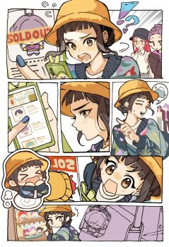 Rule 34 | > <, absurdres, black hair, black sweater, blue nails, blunt bangs, braid, brown eyes, character charm, charm (object), collared shirt, crying, dragonla, furrowed brow, glasses, hat, highres, holding, holding phone, kpop demon hunters, long hair, mira (kpop demon hunters), mystery (kpop demon hunters), nail polish, open mouth, orange hat, phone, pink hair, purple hair, rumi (kpop demon hunters), shirt, short bangs, short hair, single braid, sleeveless, sleeveless shirt, sweater, tears, updo, vending machine, white shirt, zoey (kpop demon hunters)