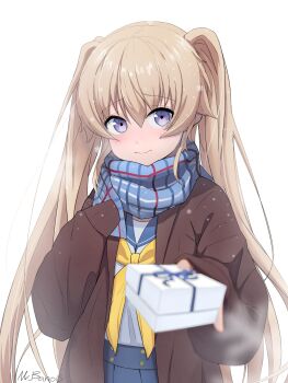 Rule 34 | 1girl, ao no kanata no four rhythm, arisaka mashiro, blue sailor collar, blue scarf, blue skirt, blurry, blush, box, brown coat, brown hair, closed mouth, coat, commentary, cowboy shot, depth of field, english commentary, eyes visible through hair, gift, gift box, hair between eyes, hands up, highres, holding, holding gift, long hair, looking at viewer, mr banois, neckerchief, open clothes, open coat, outdoors, plaid clothes, plaid scarf, pleated skirt, purple eyes, sailor collar, scarf, school uniform, serafuku, shirt, sidelocks, signature, simple background, skirt, sleeves past fingers, sleeves past wrists, snowflakes, solo, twintails, very long hair, white background, white shirt, winter, winter clothes, yellow neckerchief