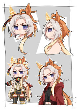 Rule 34 | 1girl, ahoge, animal ears, asymmetrical footwear, beer hsk, black boots, black gloves, black shirt, black skirt, blonde hair, boots, brown hair, chibi, closed mouth, commentary request, crop top, forehead, gloves, grey background, grey hair, hand on own hip, highres, hood, hood down, hooded jacket, horse ears, horse girl, horse tail, jacket, long hair, long sleeves, multicolored hair, multiple views, navel, open clothes, open jacket, orfevre (control) (umamusume), orfevre (umamusume), outstretched arm, parted lips, purple eyes, red jacket, shirt, skirt, tail, two-tone hair, umamusume, v-shaped eyebrows, very long hair, white boots, white jacket