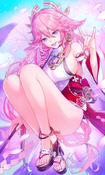 Rule 34 | 1girl, animal ears, breasts, commentary request, dress, fox ears, fox girl, fox shadow puppet, genshin impact, hair ornament, highres, holding, holding staff, japanese clothes, large breasts, long hair, pink hair, purple eyes, sandals, sideboob, smile, solo, staff, thighs, toes, very long hair, white dress, yae miko, yurika48597221