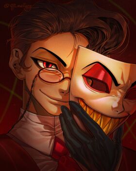 1boy alastor_(hazbin_hotel) alastor_(human)_(hazbin_hotel) artist_name black_gloves brown_hair collared_shirt commentary gloves hazbin_hotel hellaverse highres holding holding_mask male_focus mask monocle necktie qp_mellang red_background red_eyes red_necktie red_vest shirt short_hair smile symbol-only_commentary vest white_shirt