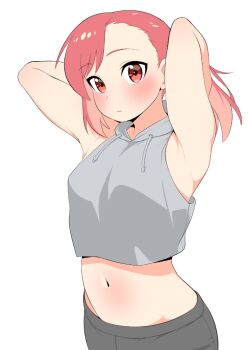 1girl armpits arms_behind_head asymmetrical_bangs black_skirt blush closed_mouth commentary drawstring grey_hoodie hood hood_down hoodie imiin light_frown looking_at_viewer medium_hair midriff navel ponytail red_eyes red_hair ruri_no_houseki seto_shouko simple_background skirt sleeveless sleeveless_hoodie solo standing white_background
