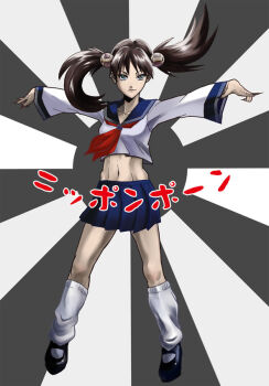 1girl asian black_hair black_shoes blue_eyes blue_sailor_collar blue_skirt breasts command_&amp;_conquer command_&amp;_conquer:_red_alert command_&amp;_conquer:_red_alert_3 fingernails floating floating_hair full_body hair_tie japanese_flag knees kururanabaru long_fingernails loose_socks midriff miniskirt navel neckerchief red_neckerchief sailor_collar school_uniform sharp_fingernails shirt shoes skirt small_breasts socks thighs toned toned_female twintails white_shirt yuriko_omega