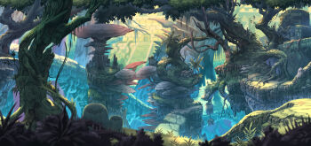 blurry blurry_background blurry_foreground commentary_request day depth_of_field forest highres nagi_itsuki nature no_humans original outdoors pixiv_fantasia pixiv_fantasia_age_of_starlight scenery statue tree