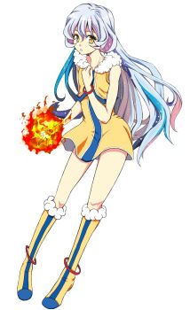 1boy anklet ao_ran aries_(yasei_no_last_boss) bare_arms blue_hair blue_trim boots bracelet casting_spell dress fireball flipped_sidelocks full_body fur-trimmed_boots fur-trimmed_vest fur_trim hair_between_eyes hand_on_own_chest highres inward_flipped_hair jewelry leaning_to_the_side long_hair looking_at_viewer male_focus multicolored_hair parted_lips pink_hair short_dress sidelocks simple_background solo standing trap very_long_hair vest white_background white_hair white_trim yasei_no_last_boss_ga_arawareta yellow_boots yellow_dress yellow_eyes yellow_vest