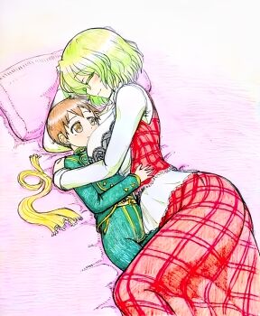 1boy 1girl absurdres age_difference bed black_bra bra breast_smother breasts brown_eyes brown_hair child commentary_request cuddling dress face_to_breasts from_side green_hair happy hetero highres hug kazami_yuuka large_breasts long_sleeves looking_at_another lying mature_female on_back on_side onee-shota p-man-daikaku pajamas pillow plaid_clothes plaid_skirt plaid_vest revision short_hair skirt smile touhou underwear vest