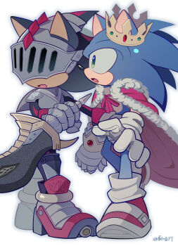 2boys :o animal_nose armored_boots arondight_(sonic) artist_name black_fur blue_fur boots cape crown feng_ft full_body fur-trimmed_cape fur_trim furry furry_male gauntlets gloves green_eyes hashtag-only_commentary hedgehog_boy helmet highres holding holding_sword holding_weapon lancelot_(sonic) looking_at_another male_focus multiple_boys open_mouth red_cape red_fur red_shoes shadow_the_hedgehog shoes short_tail simple_background single_gauntlet sonic_(series) sonic_and_the_black_knight sonic_the_hedgehog standing sword tail twitter_username two-tone_fur visor_(armor) weapon white_background white_gloves