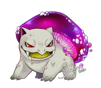 alternate_element animal_focus claws commentary drooling english_commentary fangs full_body gen_1_pokemon ivysaur nintendo no_humans open_mouth poison pokemon pokemon_(creature) red_eyes sadynax signature simple_background solo v-shaped_eyes white_background