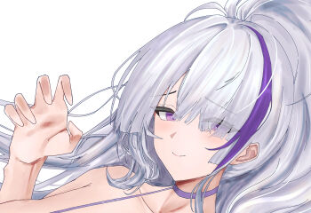 00zanpan00 1girl azur_lane bikini blush breasts choker claw_pose cleavage closed_mouth collar commentary_request cropped dutch_angle eyes_visible_through_hair grey_hair hair_over_one_eye hand_up highres large_breasts long_hair looking_at_viewer multicolored_hair official_alternate_costume partial_commentary ponytail purple_bikini purple_choker purple_eyes purple_hair smile solo streaked_hair swimsuit unzen_(azur_lane) unzen_(sojourn_through_clear_seas)_(azur_lane) white_background white_hair
