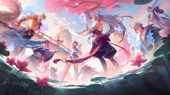 5boys 5girls alune_(league_of_legends) aphelios aqua_hair back_bow bead_belt bead_necklace beads bow bridge bug butterfly cloud cloudy_sky commentary darius_(league_of_legends) day english_commentary evelynn_(league_of_legends) falling_petals fisheye flower from_below highres horns insect japanese_clothes jewelry kimono league_of_legends lionsong long_hair master_yi multiple_boys multiple_girls necklace official_art outdoors pants petals pink_bow pink_flower pink_petals ripples sett_(league_of_legends) short_kimono single_horn sky soraka_(league_of_legends) spirit_blossom_(league_of_legends) spirit_blossom_aphelios spirit_blossom_darius spirit_blossom_evelynn spirit_blossom_master_yi spirit_blossom_sett spirit_blossom_soraka spirit_blossom_syndra spirit_blossom_tristana spirit_blossom_yorick syndra topless_male tree tristana tristana_(league_of_legends) water white_hair yordle yorick_(league_of_legends)