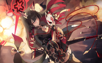 1girl absurdres animal_ear_fluff animal_ears arisaka black_gloves black_hair black_kimono blue_archive bolt_action bow breasts cleavage colored_inner_hair explosion eyeshadow fingerless_gloves floral_print_sleeves fox_ears fox_girl fox_mask fox_tail gloves gun halo highres holding holding_gun holding_mask holding_weapon japanese_clothes kimono large_breasts long_hair makeup mask multicolored_hair red_eyeshadow red_hair red_halo rifle solo standing tail tail_bow tail_ornament vam_(js_vam) very_long_hair wakamo_(blue_archive) weapon yellow_eyes