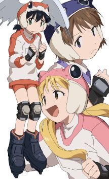 3girls 4zw89qkqagggcf7 alien alien_nine bike_shorts black_hair blonde_hair borg_(alien_nine) brown_hair commentary_request fingerless_gloves frog_hat gloves gym_shirt gym_shorts helmet highres inline_skates kawamura_kumi knee_pads long_hair multiple_girls ootani_yuri open_mouth roller_skates shirt short_hair shorts skates tomine_kasumi twintails winged_helmet