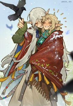 1boy 1girl bird bird_on_hand black_bird blonde_hair blush closed_eyes crow dungeon_meshi elf fleki grey_hair grin hair_ribbon highres long_hair low_twintails lycion notched_ear nova_1810 open_mouth pointy_ears ribbon shawl smile snow_on_body snow_on_head snowing sweater twintails winter winter_clothes