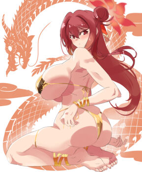 Rule 34 | 1girl, anklet, ass, back, bare arms, barefoot, bikini, blue archive, blush, bracelet, breasts, commentary request, dragon, feet, gold bikini, hair between eyes, hair bun, ishizu kayu, jewelry, large breasts, long hair, looking at viewer, red eyes, red hair, reijo (blue archive), sideboob, sidelocks, sitting, soles, solo, swimsuit, thighs, toes, white background