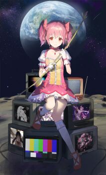 1girl akemi_homura bad_id bad_pixiv_id black_hair bow_(weapon) braid crt frilled_kneehighs highres holding holding_bow_(weapon) holding_weapon kaname_madoka kaname_madoka_(magical_girl) kneehighs long_hair magical_girl mahou_shoujo_madoka_magica mahou_shoujo_madoka_magica_(anime) pink_eyes pink_shoes school_uniform shoes short_hair skirt smile socks spung star_(sky) static test_card twin_braids ultimate_madoka weapon