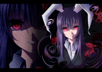 1girl animal_ears bad_id bad_pixiv_id breasts female_focus letterboxed purple_hair rabbit_ears red_eyes reisen_udongein_inaba semikichi solo static touhou zoom_layer