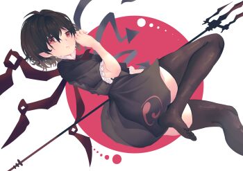 1girl absurdres asymmetrical_wings black_dress black_hair black_thighhighs commentary dress highres houjuu_nue looking_at_viewer no_shoes penglai_tea polearm red_eyes short_dress short_sleeves solo symbol-only_commentary thighhighs touhou trident weapon wings