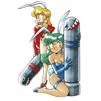 1990s_(style) 2girls akane_(parodius) animal_ears aqua_hair between_legs blonde_hair blue_leotard blue_shoes breasts cleavage earrings elbow_gloves fake_animal_ears fake_tail gloves high_heels highres hikaru_(parodius) jewelry leotard long_hair looking_at_viewer missile multiple_girls non-web_source official_art open_mouth parodius playboy_bunny pumps rabbit_ears rabbit_tail red_leotard red_shoes retro_artstyle scan shoes simple_background smile strapless strapless_leotard tail white_background