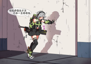 anby_demara backpack bag bare_shoulders black_gloves black_jacket black_thighhighs brown_eyes detached_sleeves fingerless_gloves gloves grey_hair headphones highres jacket midriff_peek navel nomad_(nzdz2788) one_eye_closed outdoors pleated_skirt sheath shoes short_hair skindentation skirt sneakers solo speech_bubble standing stomach thighhighs thighs translation_request zenless_zone_zero zettai_ryouiki