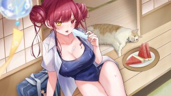 1girl alternate_costume anko_(kp2eom) blue_one-piece_swimsuit blush breasts cat cleavage double_bun food fruit hair_bun heterochromia highres holding holding_food holding_popsicle hololive houshou_marine large_breasts long_hair looking_at_viewer one-piece_swimsuit open_mouth popsicle red_eyes red_hair solo swimsuit tongue tongue_out virtual_youtuber watermelon watermelon_slice yellow_eyes