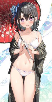 absurdres black_hair blush bra highres japanese_clothes kantoku kimono loli navel open_clothes open_mouth open_shirt original panties shizuku_(kantoku) solo standing thighs umbrella underwear