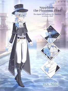 1boy artist_request ascot belt belt_buckle black_belt black_boots black_capelet black_coat black_hat blue_bow blue_eyes blue_flower blue_hair blue_rose blue_sky boots bow brooch buckle buttons capelet castle center_frills chain character_name close-up closed_mouth cloud coat copyright_logo dress_pants dress_shirt english_text envelope eyelashes flower formal_clothes frills full_body gloves gold_buckle gold_chain gradient_sky grey_coat grey_mask grey_vest hair_between_eyes happy hat hat_bow holding holding_envelope jewelry knee_boots lips logo long_hair long_sleeves looking_at_viewer low_ponytail male_focus mask masquerade_mask miracle_nikki nikki_(series) ocean official_art open_clothes open_coat outdoors pants pillar pink_lips ponytail rose sapphires_the_phantom_thief_(miracle_nikki) shirt sky sleeve_belt smile solo standing standing_on_liquid sunrise swept_bangs third-party_source top_hat two-sided_coat two-sided_fabric vest white_ascot white_gloves white_pants white_shirt yellow_sky