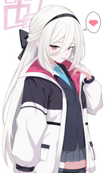 Rule 34 | 1girl, :p, absurdres, arm at side, black bow, black hairband, black suit, black thighhighs, blue archive, blue necktie, blush, bow, bright pupils, closed mouth, collared shirt, commentary, cowboy shot, double-parted bangs, formal clothes, grey skirt, hair between eyes, hair bow, hairband, half updo, halo, hand up, heart, highres, hiroponponm, index finger raised, jacket, kei (blue archive), kei (new body) (blue archive), long hair, long hair between eyes, long sleeves, miniskirt, necktie, open clothes, open jacket, pink halo, pleated skirt, rectangular halo, red eyes, ringed eyes, seductive smile, shirt, simple background, skirt, smile, solo, speech bubble, spoken heart, straight hair, suit, thighhighs, tongue, tongue out, tsurime, very long hair, white background, white hair, white jacket, white pupils, white shirt, zettai ryouiki