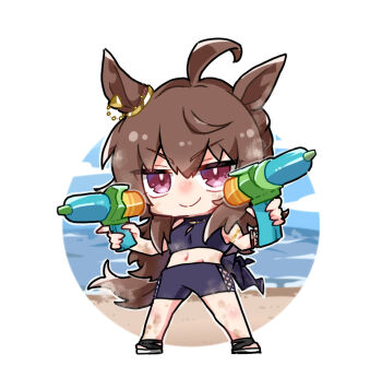 &gt;:) 1girl ahoge animal_ears bare_shoulders beer_hsk black_shorts blue_sky brown_hair closed_mouth cloud commentary_request crop_top day hair_between_eyes holding horizon horse_ears horse_girl horse_tail long_hair nakayama_festa_(umamusume) navel ocean purple_eyes sandals shorts sky smile solo tail umamusume v-shaped_eyebrows very_long_hair water water_gun white_sandals