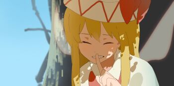 1girl blonde_hair closed_eyes commentary english_commentary fairy finger_to_mouth hat hat_ribbon highres index_finger_raised kinoko_(kino2435006) lily_white long_hair red_ribbon ribbon solo touhou