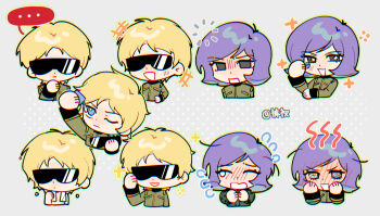 +++ ... 2boys :3 :| adjusting_eyewear artist_name blonde_hair blue_eyes blush bright_pupils brown_eyes buffering char_aznable chibi chromatic_aberration closed_eyes closed_mouth commentary cropped_torso empty_eyes expressionless eye_drops flying_sweatdrops full-face_blush garma_zabi green_jacket grey_background gundam hand_on_own_chin hand_on_own_hip hands_on_own_cheeks hands_on_own_face highres holding holding_removed_eyewear jacket kucha_(ynn6c) laughing long_sleeves looking_at_viewer male_focus mobile_suit_gundam_the_origin multiple_boys multiple_views one_eye_closed open_mouth purple_hair short_hair simple_background smile sparkle sparkling_eyes speech_bubble spoken_ellipsis squiggle_eyes sunglasses symbol-only_commentary tearing_up towel towel_around_neck unworn_eyewear upper_body wet wet_hair white_pupils