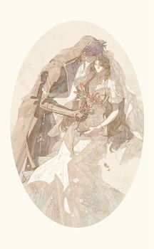 Rule 34 | 1boy, 1girl, black coat, black gloves, black pants, border, bracelet, breasts, brown hair, chaoxibumian, coat, couple, dress, earrings, falling petals, flower, gloves, hetero, highres, holding, holding flower, hood, hood up, hooded coat, jewelry, long coat, long dress, long hair, love and deepspace, medium breasts, pants, petals, protagonist (love and deepspace), puffy short sleeves, puffy sleeves, purple hair, rafayel (love and deepspace), red flower, red petals, short hair, short sleeves, veil, white border, white dress, white veil