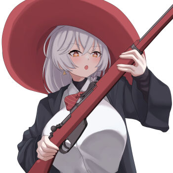1girl assault_rifle black_jacket blue_archive blush bolt_action bow bowtie braid breasts commentary cyka earrings english_commentary eri_(blue_archive) gun hat highres holding holding_gun holding_weapon jacket jewelry large_breasts long_hair long_sleeves looking_at_viewer open_clothes open_jacket open_mouth orange_eyes red_bow red_bowtie rifle school_uniform shirt solo star-shaped_pupils star_(symbol) symbol-shaped_pupils tented_shirt triangle_earrings two-sided_fabric two-sided_headwear upper_body weapon white_background white_hair white_shirt witch witch_hat