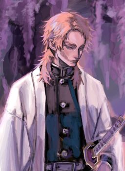 1boy belt black_jacket buttons closed_mouth demon_slayer_uniform facial_scar flower gago_n haori highres jacket japanese_clothes katana kimetsu_no_yaiba long_hair male_focus mullet orange_hair parted_bangs sabito_(kimetsu) scar scar_on_cheek scar_on_face solo sword upper_body weapon white_belt white_haori wisteria